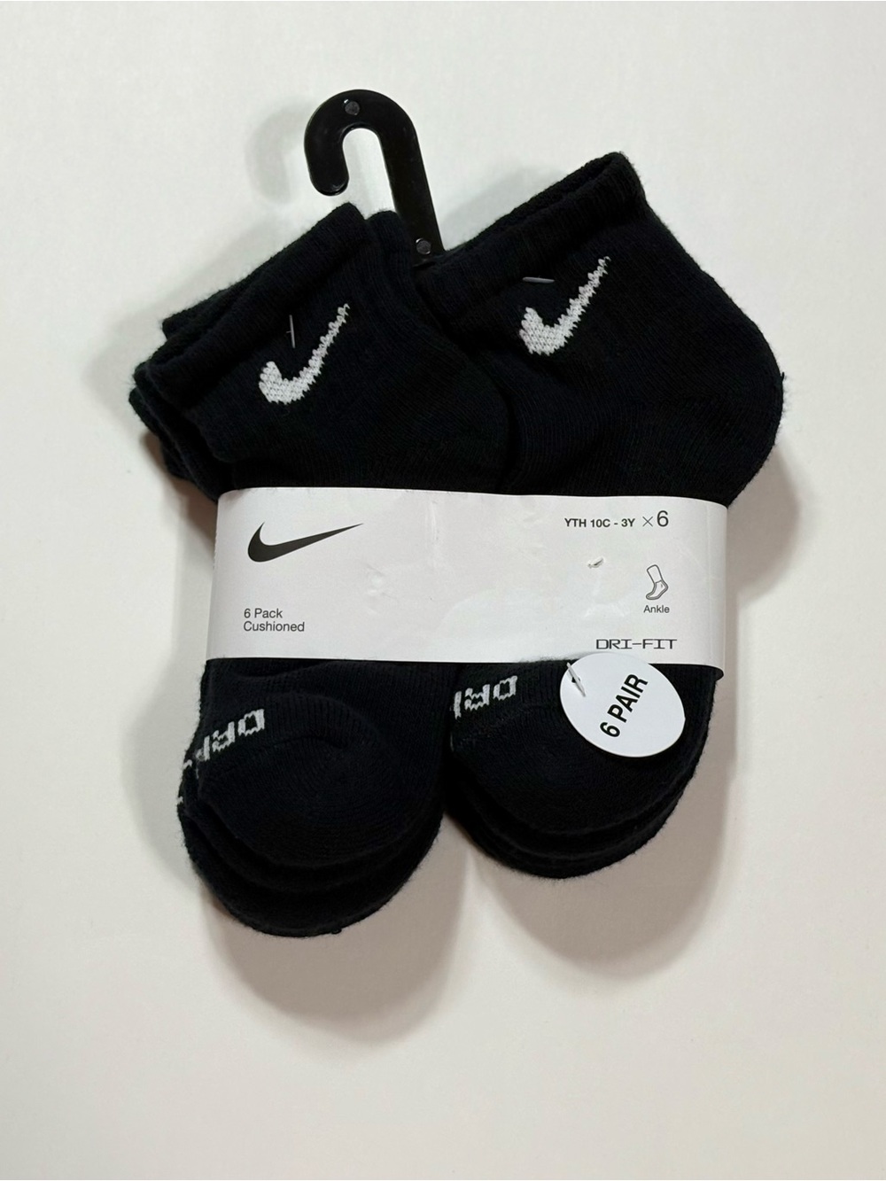 Nike Black Youth Ankle Socks with White Swoosh - 6 Pack